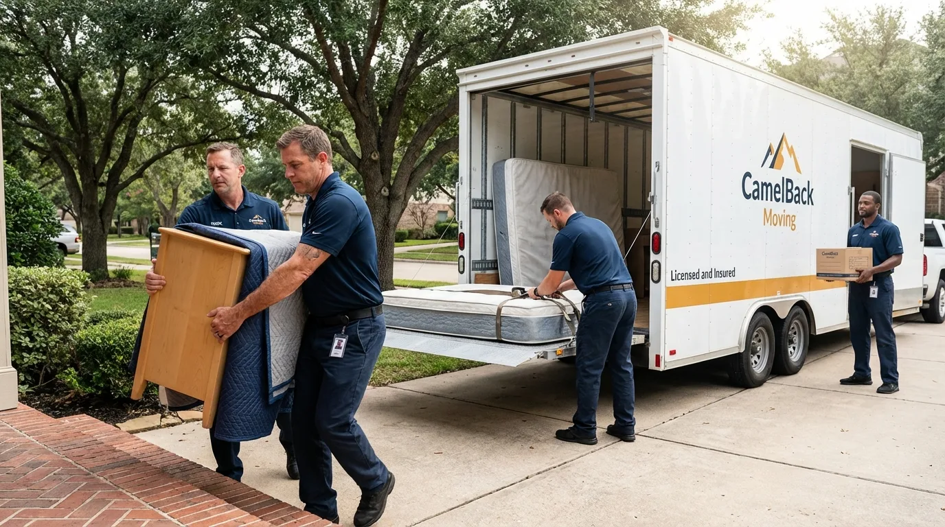 Crew loading residential truck for cross-state move from Albertson, NY