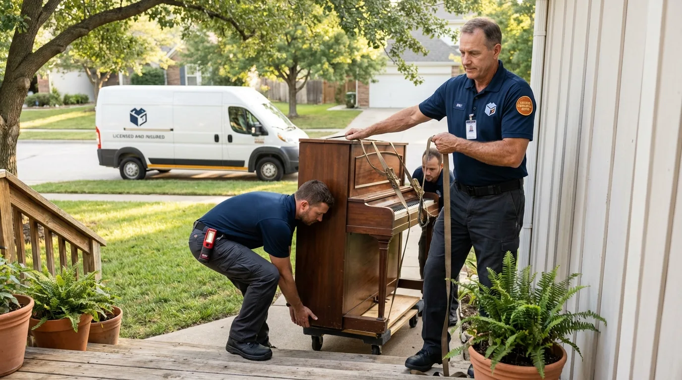 Licensed piano movers securing grand piano in Albertson, NY