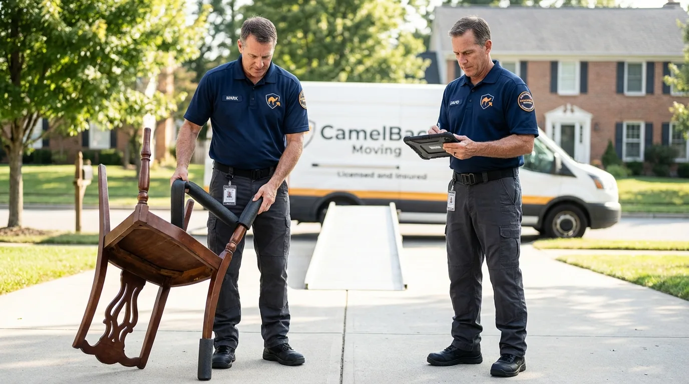 Movers inspecting furniture for damage prevention before loading in Albertson, NY