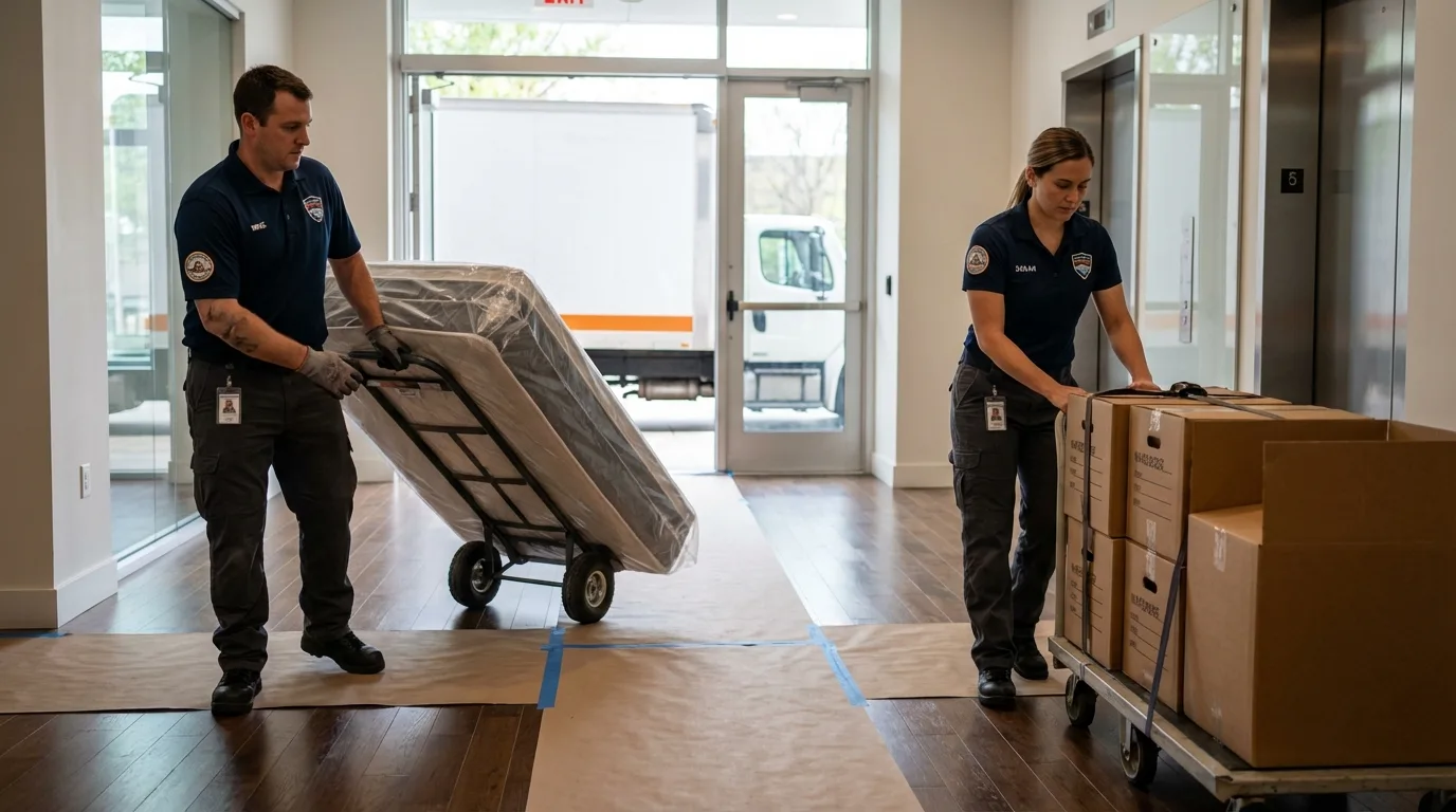 Professional apartment movers loading elevator in Albertson, NY