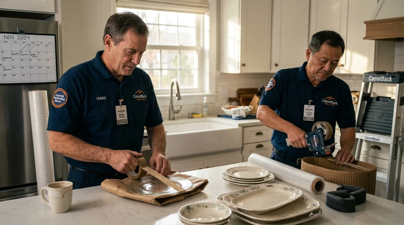 Professional crew packing kitchen dishware in Albertson, NY